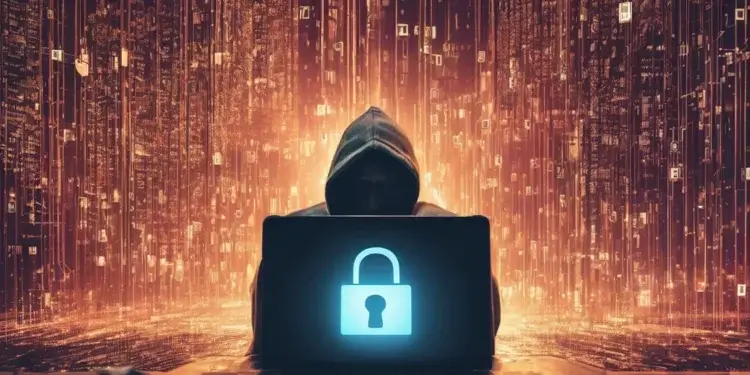 hacker in the shadows on their laptop that has a figure of a closed lock glowing on it. The background is a dark city scape that is raining with orange digital letters and numbers
