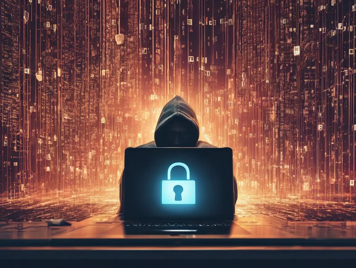 hacker in the shadows on their laptop that has a figure of a closed lock glowing on it. The background is a dark city scape that is raining with orange digital letters and numbers