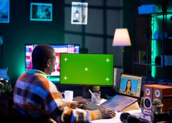 African american photo designer retouching images next to green screen on dual screens in a tech driven environment, representing modern digital media. Male graphic artist uses software tools.