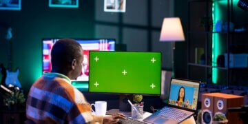 African american photo designer retouching images next to green screen on dual screens in a tech driven environment, representing modern digital media. Male graphic artist uses software tools.
