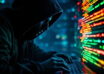 hacker in a dark room sitting in front of a monitor and keyboard from a side view