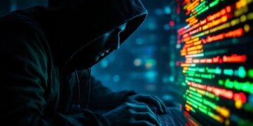 hacker in a dark room sitting in front of a monitor and keyboard from a side view